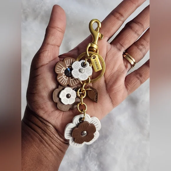 Designer Inspired Brown and White Floral Keychain with Gold Hardware Bag Charm - Picture 5 of 5